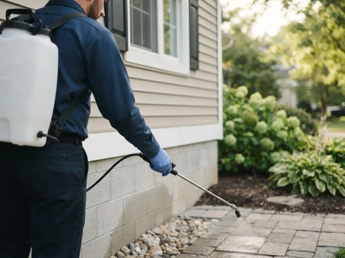 Pest control technician inspecting a home in Dewey, OK